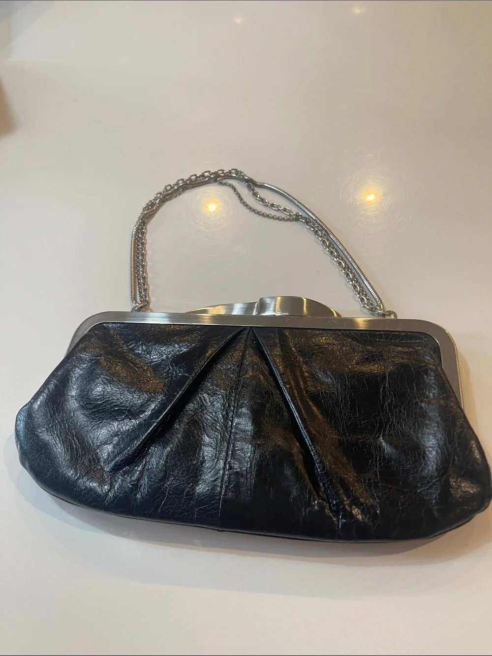 Classic Black Leather Chain-Handle Clutch - Picture 1 of 7